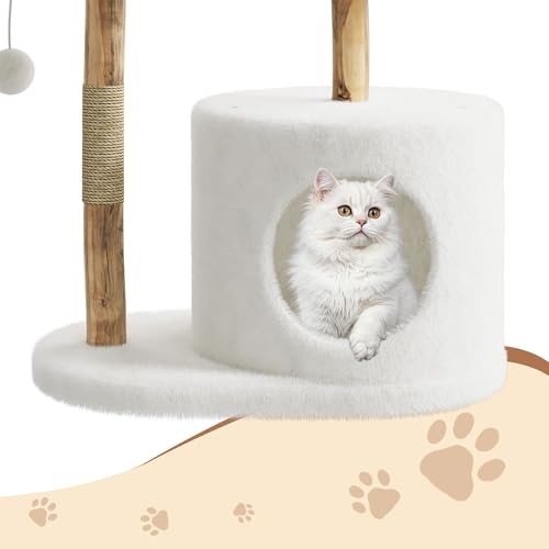 Modern Cat Tree, Solid Wood Cat Tree Tower with Hand-Woven Basket Cat Condo, Natural Jute Scratching Posts Modern Cat Tower with Plush Perches & Dangling Balls, Cat Trees for Kittens & Adult Cats - size: One Branch