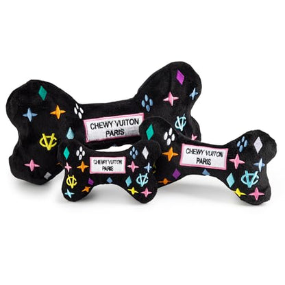 Haute Diggity Dog Chewy Vuiton Bone Plush Squeaky Dog Toy, Soft Durable Designer-Inspired Stuffed Puppy Chew Toys for Small & Medium Dogs, Machine-Washable (Black Monogram) Small - color: Black Bone, size: Small