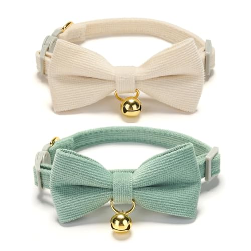 Soft Corduroy Cat Collar, Plaid Pattern, with Bell and Bowtie, Quick Release,Safety Breakaway Clasp, Adjustable for Kitten and Cats.(White+Green) - color: 2 Pack (Green+White)