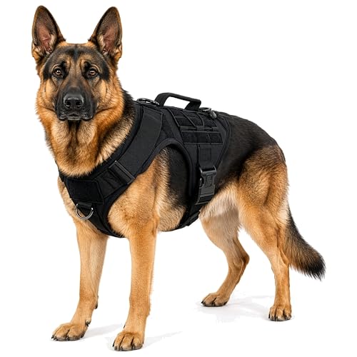 Albcorp Tactical Dog Harness - Heavy Duty, No-Pull Training Vest for Large Breeds, Military Service Dog Vest with Front Leash Clip, Hook & Loop Panels, Padded Handle – Black, Large - color: Black, size: L (Chest:28.7"-36.6";Neck:16.5"-22.5")