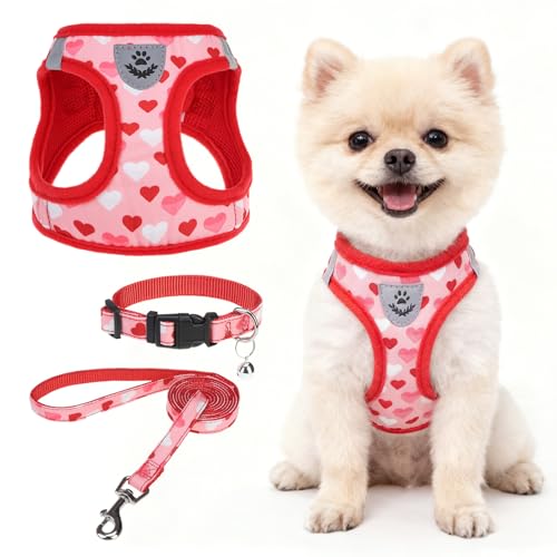 SCENEREAL Valentines Dog Harness Collar and Leash Set, Step in No Pull Soft Mesh Pet Harnesses for Small Medium Dogs Puppy Cats, No Chock Reflective Vest Harness - color: Pink Heart, size: S: Chest Girth: 14.5"-16"