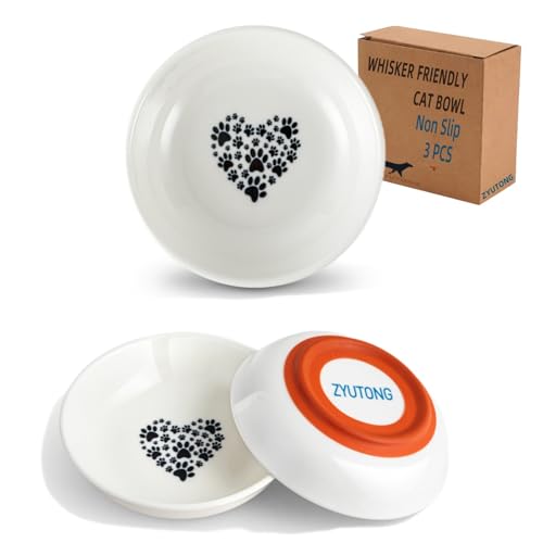 Ceramic Cat Bowl Whisker Friendly – 3 Pack Shallow Wide Cat Food Bowls, 5.5″ Non‑Slip Cats Dishes Silicone Base, Dishwasher & Microwave Safe, Indoor Cats Food & Water Bowl – Cute Heart Paw Design - color: 3 Packs