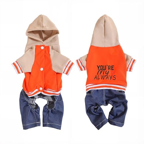 Stylish Printed Dog Hoodie - Windproof Denim Suit with snap Buttons, Cozy Fall Baseball Outfit for Small & Medium Puppies - Hooded pet Clothes for boy & Girl Dogs - color: Red, size: X-Large