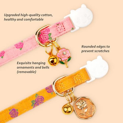2 Pack Cotton Breakaway Cat Collar Yellow and Pink Rose Pendant Cute Kitten Cat Collar with Bell - color: Yellow Rose&Pink Rose