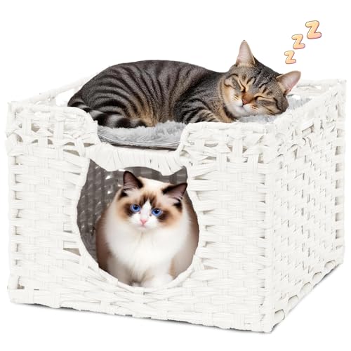 Handwoven Rattan Cat Cave w/Two Cushions, Cat Beds Indoor Kitten House, Waterproof & Foldable Pet Cube Bed, White, 16.5”L x 16.5”W x 12.6”H - color: Gray