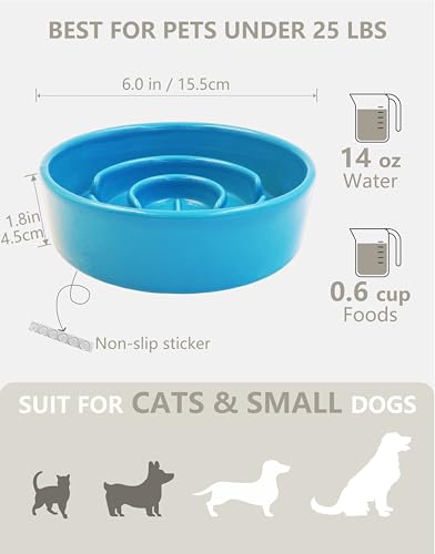 Ceramic Slow Feeder Dog Bowls, 0.6 Cup Slow Feeder for Small Dogs, Puzzle Maze Bowl, Prevents Choking, 6in, Blue - color: Blue, size: 6 Inches