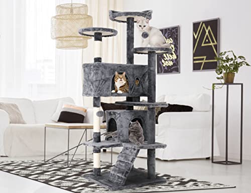 Go Pet Club 54'' Tall Multi-Level Cat Tree with 3 Scratching Posts, 3 Platforms, 2 Condos, Toys, Corner Tower for Large Cats - color: Ashy