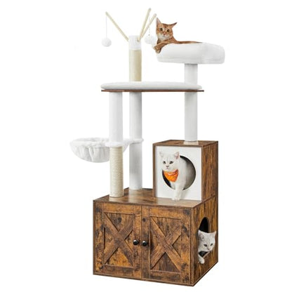 Feandrea Cat Tree with Litter Box Enclosure, 59-Inch Modern Cat Tower, 2-in-1 Condo with Scratching Posts, Washable Removable Cushion, Rustic Brown UPCT113X01 - color: Rustic Brown