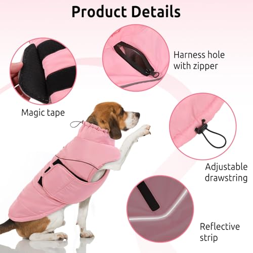 Peferhouse Medium Dog Winter Coat - Warm, Windproof Reflective Jacket with Harness Hole - Thick Dog Vest - Pink - color: Pink, size: Medium