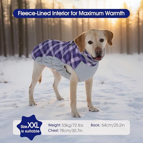 FUAMEY Dog Coat for Small Dogs,Waterproof Dog Winter Jacket with Harness Built in Puppy Cold Weather Coats Reflective Pet Vest with Zipper Warm Fleece Dogs Snowsuit Windproof Purple Plaid XS - color: Purple Plaid, size: XS(chest:14in)