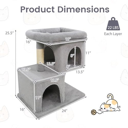 Tangkula Small Cat Tree for Indoor Cats, 25.5 Inch Cat Tower with Sisal Scratching Posts, 2 Large Cat Condos with Padded Top Perch, Modern Cat Climbing Furniture for Adult Cats & Kittens (Light Gray) - color: Light Gray