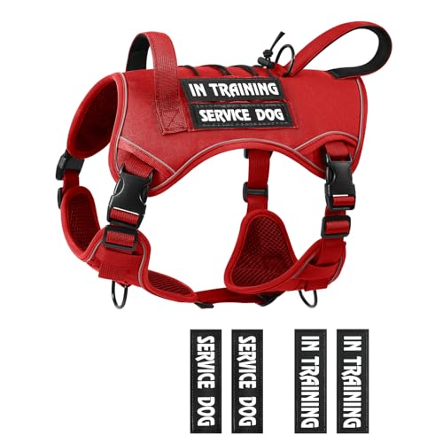 Tactical Dog Harness for Medium Large Size, No Pull Service Dog Vest with Molle System and Control Handle Heavy Duty Pet Vest with 4 Patches, Reflective Adjustable Harness for Walking Training - color: Red, size: M