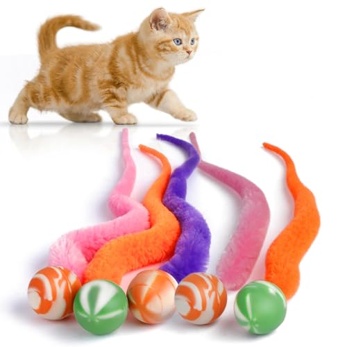 Bouncy Ball with Tail Cat Toys,5 Packs Magic Worm with Large Colorful Ball Toy for Cats,Fuzzy Worm Bouncy Balls Cat Toy - color: Large Mixed Colorful fuzzy worm