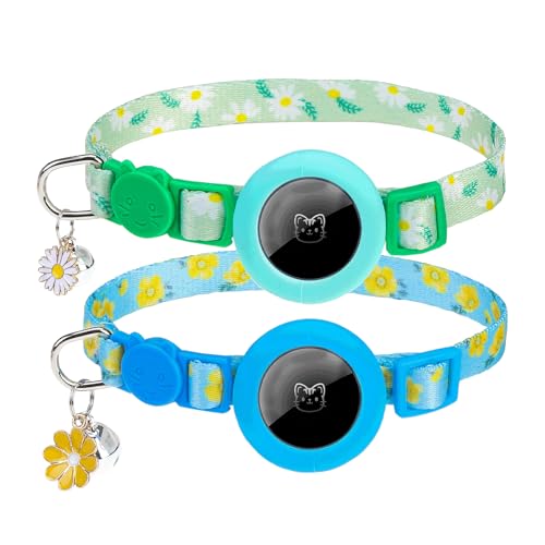 EXPAWLORER Airtag Cat Collar, 2 Pack Breakaway Lightweight Safety Kitten Collars for Air tag, Hidden GPS Tracker Holder for Girl Boy Cats & Puppies with Bell, Adjustable 7.9-11.8in, Flower - color: Strawberry & Orange