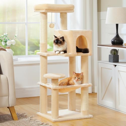 MUTTROS Cat Tree for Indoor Cats, 44.5" Multi-Level Cat Tower with Large Metal Frame Hammock, Cat Condo with 2 Scratching Posts and Top Perch for Small to Medium Cats, Beige - color: Beige, size: 44.5in