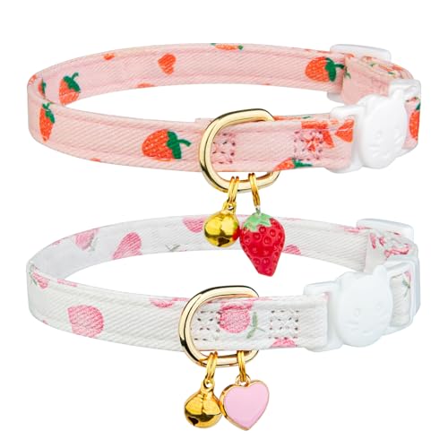 2 Pack Cotton Breakaway Cat Collar Pink Strawberries and White Heart Shaped Pendant Cute Kitten Cat Collar with Bell - color: Pink&White