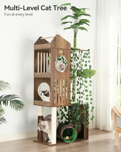 FourFurPets Large Cat Tree with Leaves, 72.8-Inch Cat Tower for Indoor Cats, Modern Cat Tree with Scratching Post, Large Perch, Tunnels, Swing Ball, Self Groomer, Greige - color: Greige