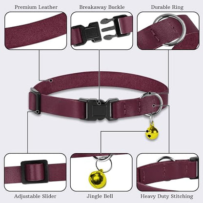 Breakaway Cat Collar with Bell - Leather Adjustable Kitten Collars with Safety Quick Release Buckle - Soft Small Pet Collars for Girl & Boy Cats (Burgundy) - color: Burgundy