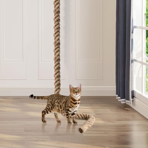 2" x 9.84Ft Cat Climbing Rope with Hook for Ceiling & Wall Mounted, Natural Sisal Rope for Cat Scratcher with Feather Toy for Indoor/Outdoor Cats, Durable Cat Tree Replacement Rope