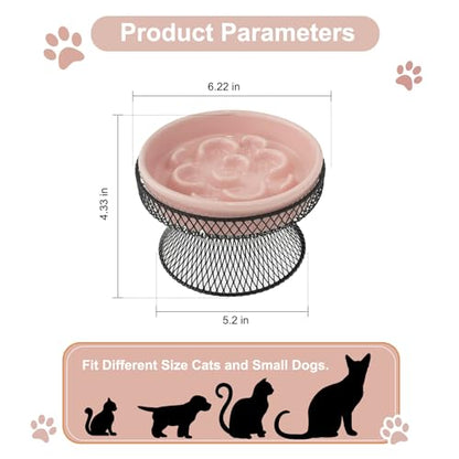 Raised Ceramic Cat Slow Feeder Bowl Elevated Food Bowl with Stand, Cat Slow Bowl for Wet Food and Dry Food, Whisker Friendly Pet Feeder for Kitty and Small Dog - color: Pink