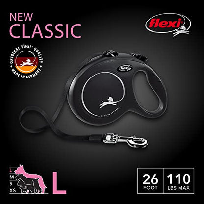 FLEXI New Classic Tape Retractable Dog Leash for Large Dogs Upto 110 lbs. – 26 ft., Black | Tangle Free Pet Walking Leash with One-Handed Brake, Pause, Lock|German Quality Product - color: Black, size: Large - 26 Feet (Tape)