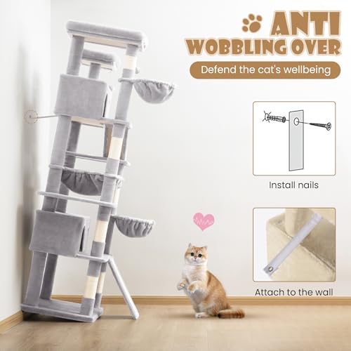 SHA CERLIN 81in Multi-Level Tall Cat Tree Tower for Indoor Kitties/Larger Cat Condo Furniture with Hammock/Cozy Pussycat Perches/Sisal Scratching Posts/Pet House/Wide Base/Grey - color: Grey