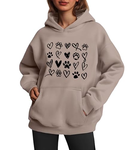 Womens Dog Paw Hoodie-Long Sleeve Pullover Fleece Lined Dog Mom Sweatshirts with Pocket - color: A-grey Brown, size: Small