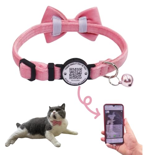 THAIN Personalized Cat Collar with Bell and Bowtie Breakaway QR Code Name Smart ID tag Quick Release Soft Comfortable Collar for Cats and Kittens (Pink) - color: Pink