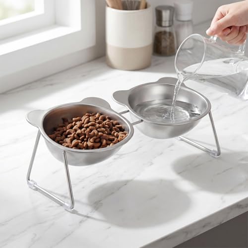 Stainless Elevated cat Bowls 5.9 Inch with Metal Stand Slip Resistant Base 15 Degrees Tilted Raised Pet Dishes Double Bowl Design Food and Water Dish for Cats Kitten Small Dog (Integrated Bowls) - color: Integrated Bowls