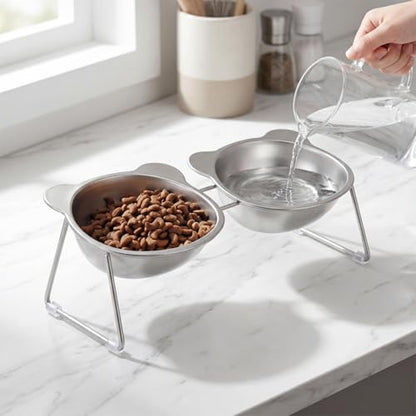 Stainless Elevated cat Bowls 5.9 Inch with Metal Stand Slip Resistant Base 15 Degrees Tilted Raised Pet Dishes Double Bowl Design Food and Water Dish for Cats Kitten Small Dog (Integrated Bowls) - color: Integrated Bowls