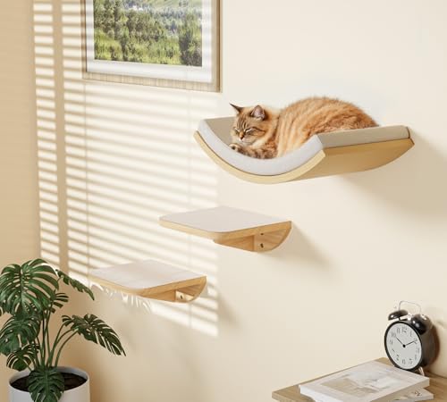 Cat Wall Shelf with Curved Hammock Bed, Wall Mounted Cat Perch with Beige Soft Foam Cushion, Floating Wall Furniture for Climbing, Sleeping & Lounging - color: Foam/Felt-Wood, size: 1 Curved Bed