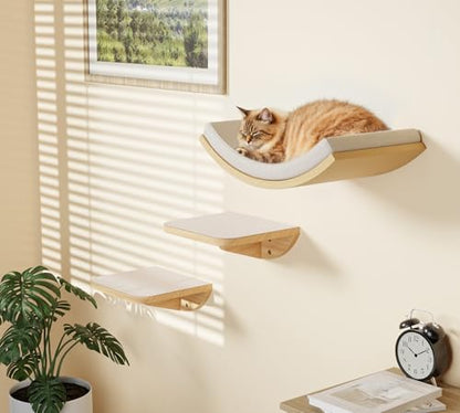 Cat Wall Shelf with Curved Hammock Bed, Wall Mounted Cat Perch with Beige Soft Foam Cushion, Floating Wall Furniture for Climbing, Sleeping & Lounging - color: Foam/Felt-Wood, size: 1 Curved Bed