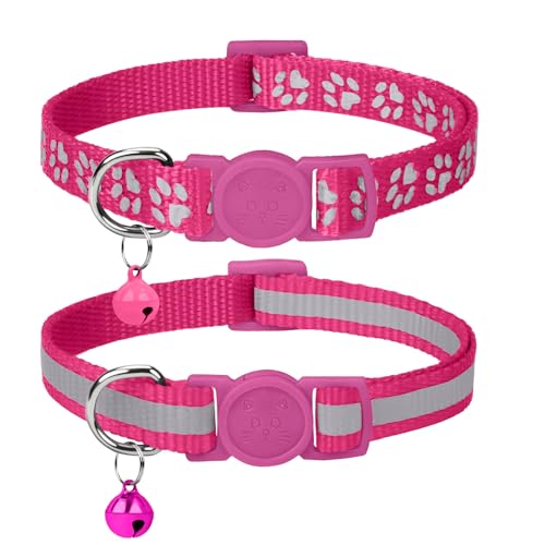 Taglory Kitten Collar Breakaway with Bell, Reflective Soft Cat Collar for Small Kittens, Adjustable 6-8 Inch High Visibility Night Strip, Lightweight for 2-6 Months Baby Cats, 2 Pack, HotPink - color: HotPink, size: 6-8"