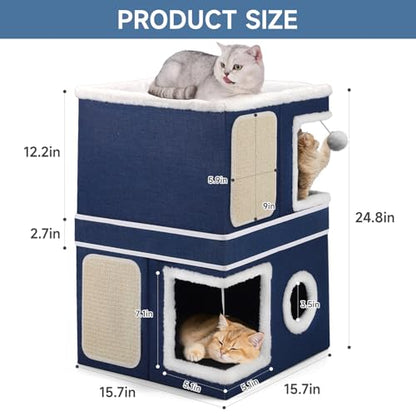 Shikha 2-Storey Cat Houses for Indoor Cats, Dual-Purpose Double Large Cat Beds Cave with Hideaway Condos, Scratch Pads, Fluffy Balls, Foldable Indoor Cat Cube House for Multi Small Pets Kitten, Blue - style: Blue