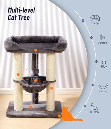 Happi N Pets 28" Cat Tree, Large Bed for Big Cats, Small Cat Tower with Soft Perch for Window Viewing, Stable Cat Tree Tower, Cat Scratching Post with Hammock, Removable Cover-Gray - color: Gray