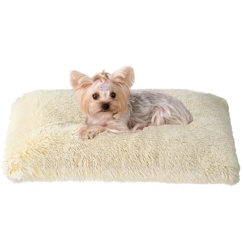 EHEYCIGA Fluffy Dog Crate Bed for Small Dogs, Plush Faux Fur Crate Pad, Calming Anti Anxiety Small Dog Bed, Washable Soft Warm Mat with Non-Slip Bottom, Ivory Beige - color: Ivory Beige, size: 23.6 x 17.5