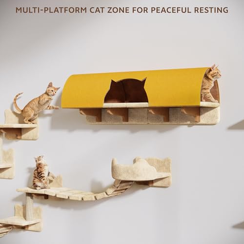 16-in-1 Cat Wall Shelves, Wall Mounted Cats Furniture Set w/Plush Fabric, Cat Climbing Wall Systems, Cats Shelf with 40''L Tunnel, Condos, House, Steps, Bridge Ladder & Scratching Post, Beige - color: Beige, size: 16-in-1