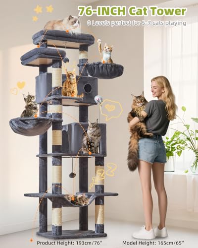 Taoqimiao Cat Tree Tower, 76-Inch Sturdy Cat Tree for Indoor Cats Large Adult Cat Tower with Scratching Posts，2 Condos, 2 Perches, 2 Large Hanging Baskets, Soft Hammock, MS046G Smoke Gray - color: Smoke Gray