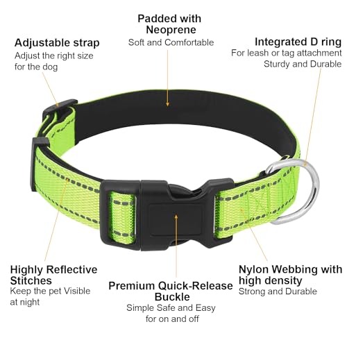 Dog Collars Adjustable for Medium Dogs,Heavy Duty Waterproof Dog Collar with Quick Release Buckle,Girl Boy Female Male Reflective Nylon Dog Collar with Soft Neoprene Padded,M,Green - color: Green, size: Medium