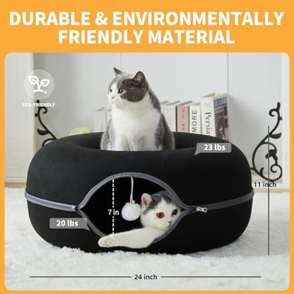 Peekaboo Cat Tunnel for Large Cats up to 30 lbs, Features A Jingle Ball, Removable and Washable Tunnel Bed, and a Cozy Donut Tunnel (Black, 24 Inches) - color: Black