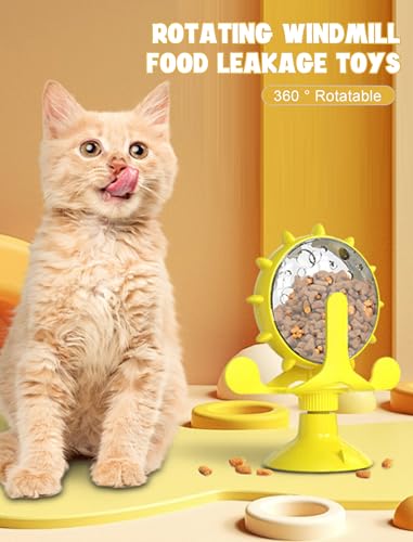 GLOGLOW Interactive Cat Puzzle Feeder, Windmill Treat Dispensing Cat Toy, Indoor Playtime, Suction Cup, Slow Feeding, for Cats, Kittens, and Puppies Training Rewards - color: yellow