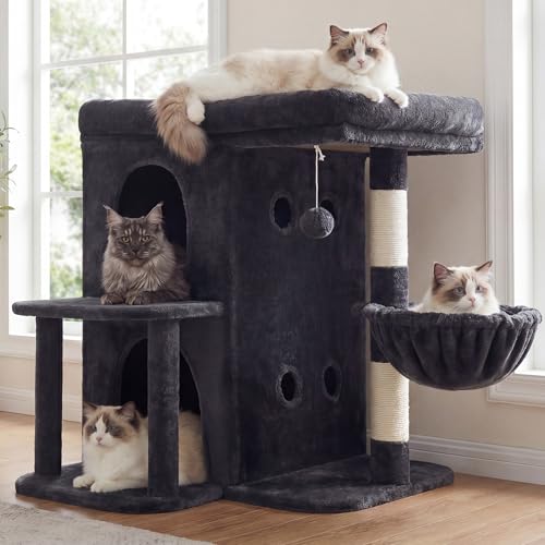 Heybly Cat Tree, 26.3-inch Cat Tower with Spacious Top Perch for Large Cats, Stair-Style Cat House Furniture with Dual-Layer Condos, Sisal Scratching Posts, Cozy Basket & Pompom, Smoky Gray HCT204SG - color: Smoky Gray, size: 26.3 inch