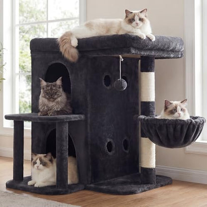 Heybly Cat Tree, 26.3-inch Cat Tower with Spacious Top Perch for Large Cats, Stair-Style Cat House Furniture with Dual-Layer Condos, Sisal Scratching Posts, Cozy Basket & Pompom, Smoky Gray HCT204SG - color: Smoky Gray, size: 26.3 inch