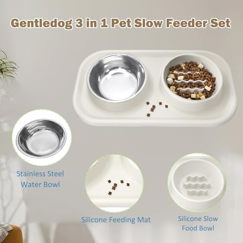 Waterproof Silicone Cat Food Bowls, Stainless Steel & Silicone Slow Feeder Double Bowls, Non-Skid & Non-Spill Raised Edge, Food and Water Feeder for Cat and Puppy - color: Silicone material-Beige