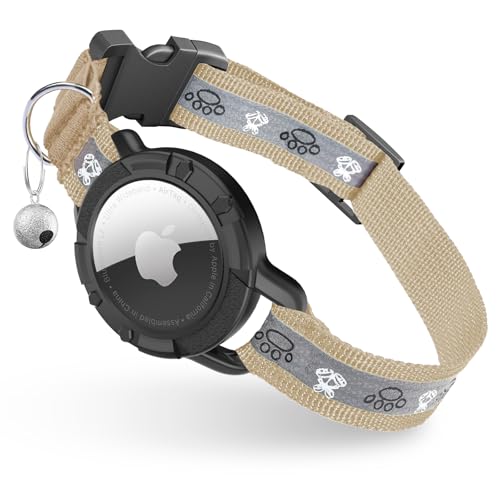 Reflective AirTag Cat Collar, Integrated Cat Tracker Collar with Air Tag Holder and Bell, Safety Elastic Band Cat GPS Collars for Girl Boy Cats, Kittens and Puppies (Khaki,XS) - color: Khaki, size: XS(7"-9")