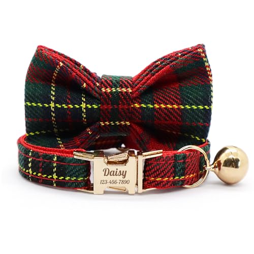 Personalized Plaid Cat Collar with Bell - Non-Breakaway Custom Polyester Kitten Collar with Engraved Name & Phone Number (Pattern 11, L (7.5-12.5 Inches)) - color: Pattern 11, size: L (7.5-12.5 Inches)