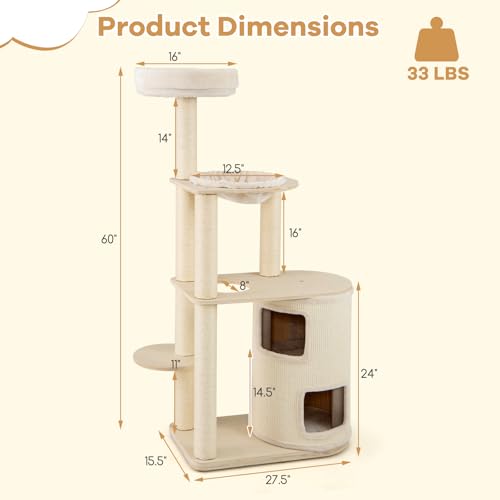 Tangkula Cat Tree Tower, 60 Inch Multi-Level Modern Wooden Cat Tower with 2-Story Condo, Sisal Scratching Posts & Mat, Perch, Hammock, Washable Plush Cushion for Indoor Cats Large Adult - size: 60 Inch