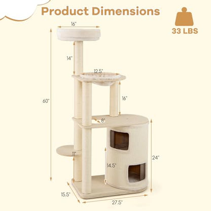 Tangkula Cat Tree Tower, 60 Inch Multi-Level Modern Wooden Cat Tower with 2-Story Condo, Sisal Scratching Posts & Mat, Perch, Hammock, Washable Plush Cushion for Indoor Cats Large Adult - size: 60 Inch