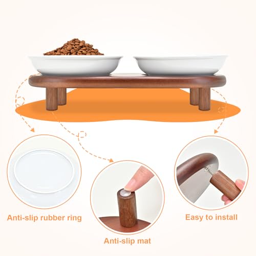 SPUNKYJUNKY Shallow Elevated Cat Bowl with Acacia Wood Stand Wide Raised Ceramic Cat Dishes Whisker Friendly Pet Food and Water Plates (Striped Pattern, White) - color: White