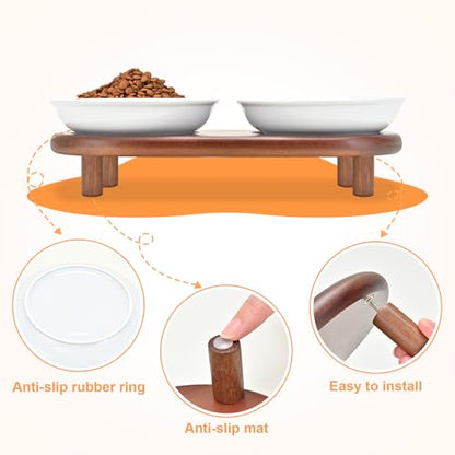 SPUNKYJUNKY Shallow Elevated Cat Bowl with Acacia Wood Stand Wide Raised Ceramic Cat Dishes Whisker Friendly Pet Food and Water Plates (Striped Pattern, White) - color: White